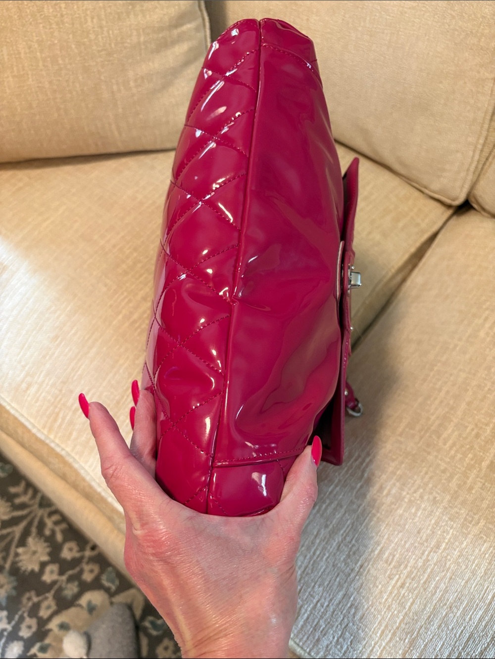 Rare Coach Hot Pink Patent Quilted Shoulder Bag with Silver Chain Straps. - Picture 7 of 15